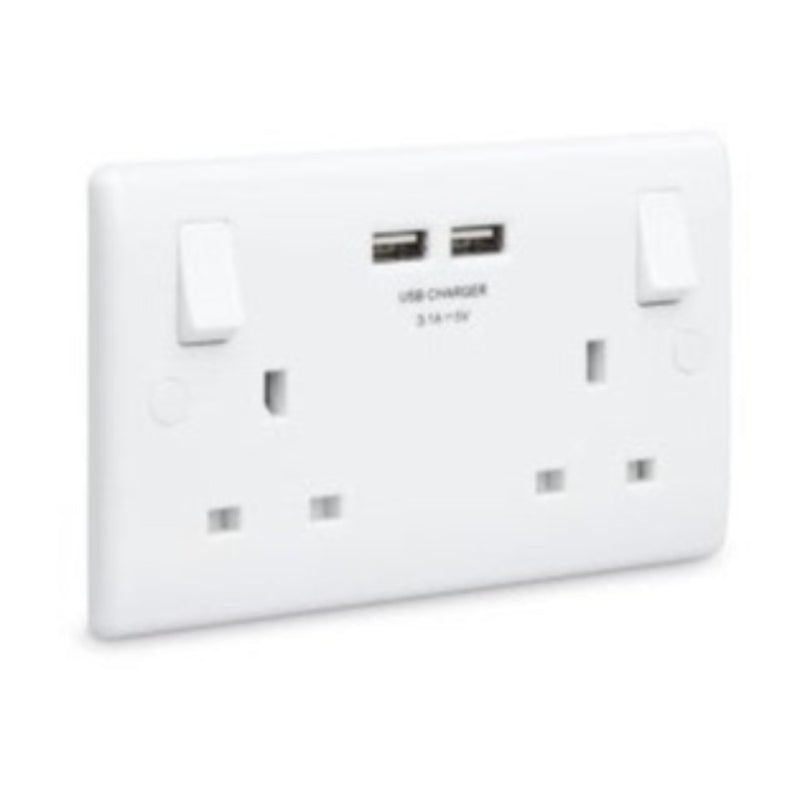 BG White Round Edged Moulded Double Switched Socket With USB